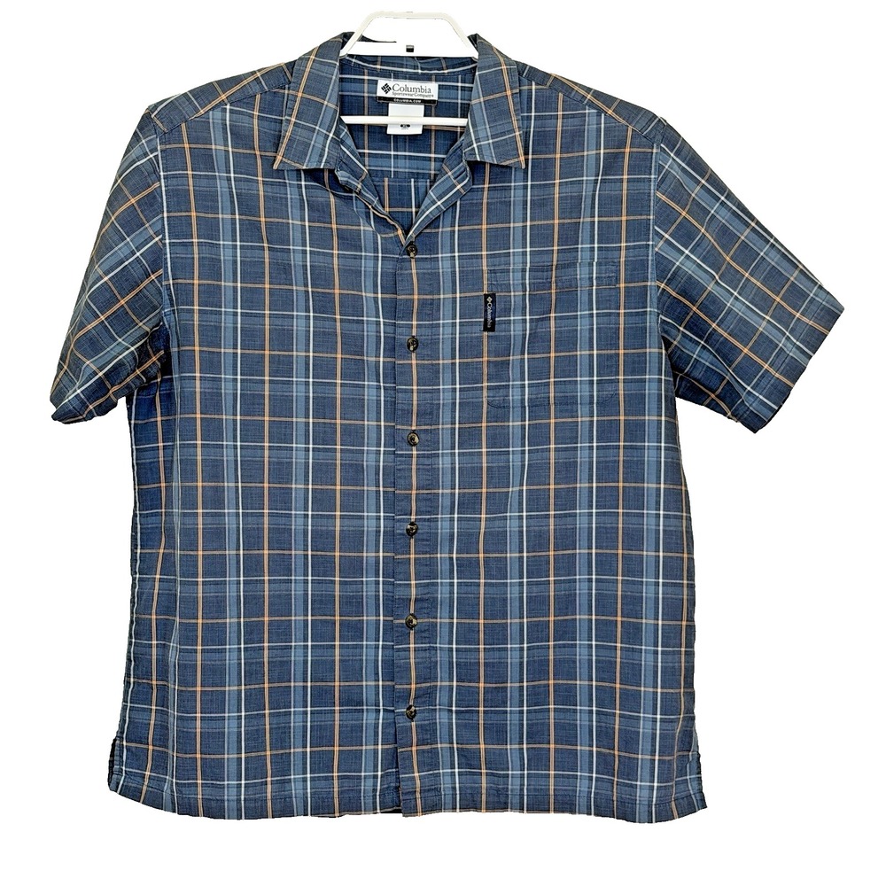Columbia Button Up Shirt Mens Sz XL Blue Plaid Short Sleeve 100% Cotton Collared
